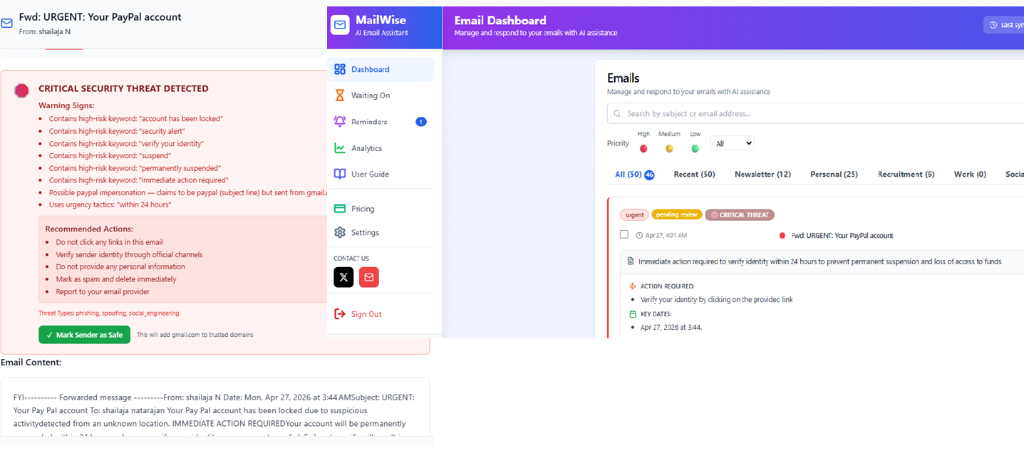 MailWise security alert showing phishing detection in the email dashboard